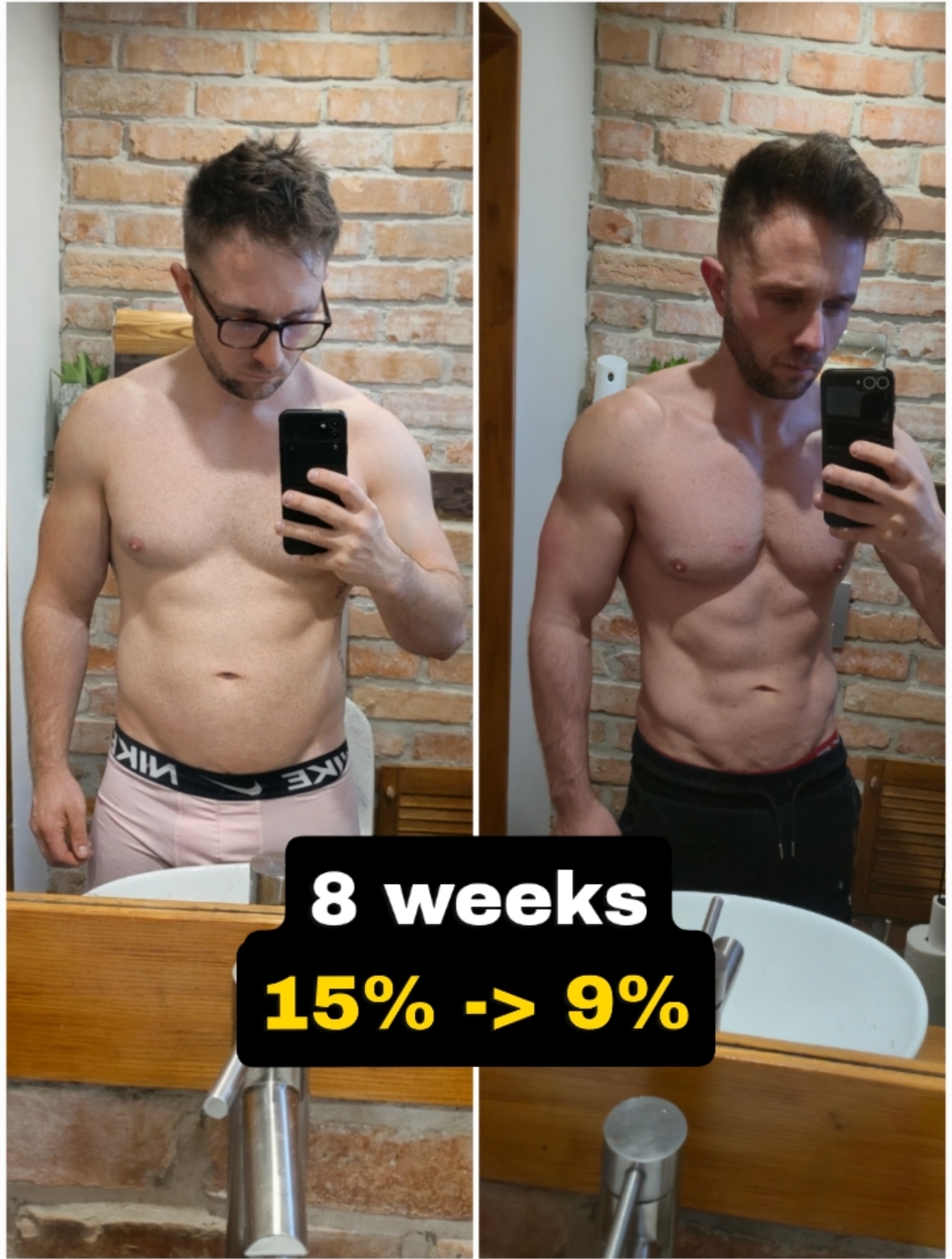 Konrad - przemiana 8 tygodni, około 15% do około 9% tkanki tłuszczowej